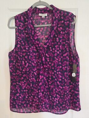 Tahari ASL Navy and Fuchsia Sleeveless Tie-Neck Blouse